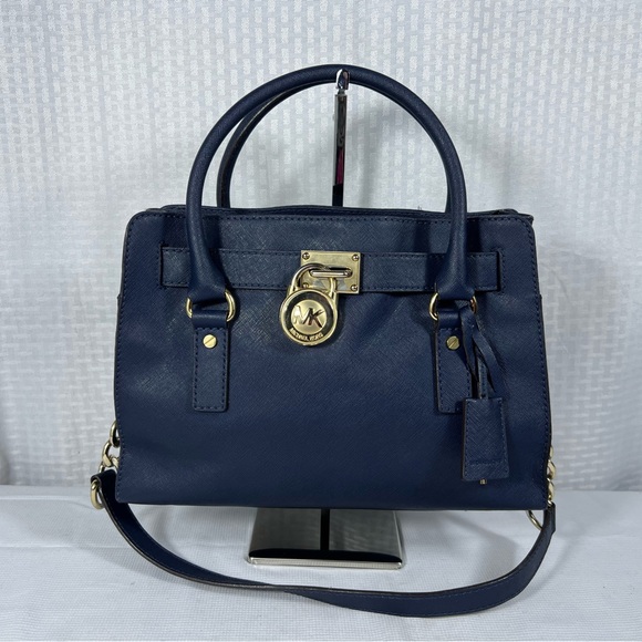 Michael Kors Hamilton Small Navy Saffiano Leather Satchel Tote - Picture 1 of 14